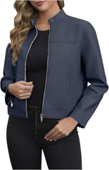 Zip Leather Jackets for Women Motorcycle Faux PU Moto Biker Outerwear Coat Mock Neck Long Sleeve Fashion Jackets
