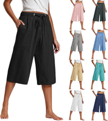 Capri Pants for Women Dressy Wide Leg Elastic Waist Pant Casual Cropped Pants Summer Beach Trousers with Pockets