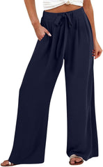 Womens Casual Linen High Waist Pants Wide Leg Beach Vacation Pants Trousers Pockets Drawstring Loose Fit Summer Outfits