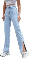 Straight Leg Jeans for Women Split Hem Classic Relax Fit High Waisted Stretchy Bootcut Jeans Denim Pants with Pockets