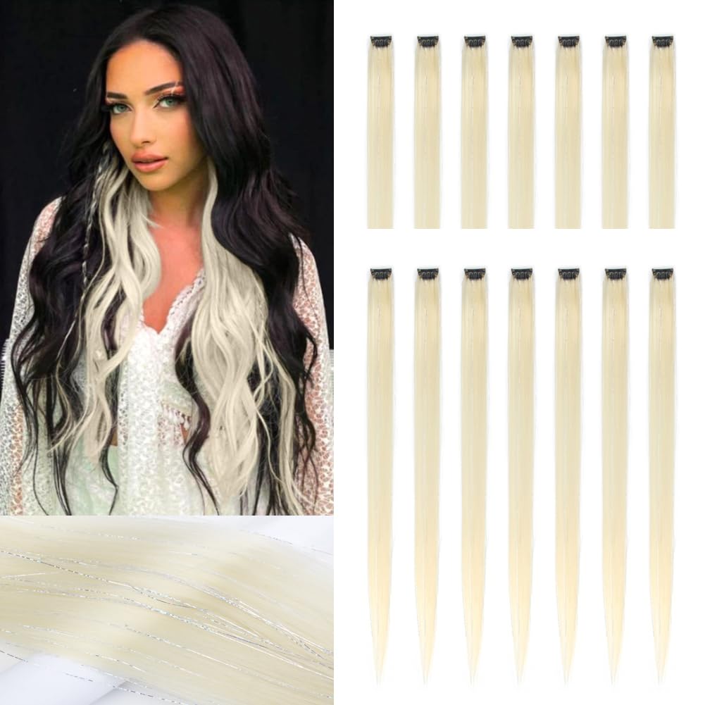 22 inch Light Blue Tinsel Hair Extensions 14 PCS - Clip-in Glitter Synthetic Hair for Costume Parties, Girls (14 PCS Light Blue)