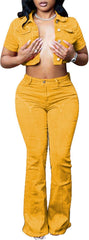 Molilove Women's Two Piece Set Colorful Denim Outfits Short Sleeve Button Cropped Jean Jacket Flare Pants Y2K Tracksuit