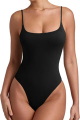 REORIA Women Sexy Cami Square Neck Thong Bodysuit Backless Spaghetti Strap Tank Top