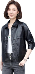 Women Spring Casual Leather Jacket Ladies Turn-Down Collar Single Breasted Moto Biker Sheepskin Coat