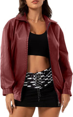 Women's Lapel Long Sleeved Faux Leather Jacket Vintage Solid Long Sleeve PU Cardigan Coat
