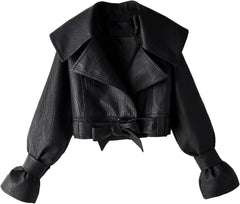 Autumn Women's PU Leather Jacket with Turn-Down Collar and Belt Closure