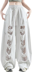 Y2K Baggy Pants for Women - Gothic Harajuku Streetwear High Waisted Wide Leg Punk Lace Patchwork with Broken Holes