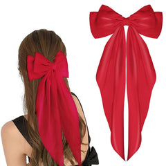 Big Satin Silky Barrettes, Long Tail French Bowknot Metal Pins, Hair Clamps and Clips for Women, Girls, Wedding, Birthday Party (Red)