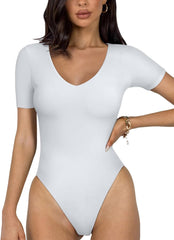 REORIA 2025 New Short Sleeve Women's Bodysuits V Neck Seamless Going Out Basic Thong Bodysuit tshirt bodysuit