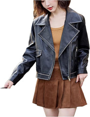 Women Sports Motorcycle Pu Leather Jacket Zipper Long Sleeve Notched Lapel Vintage Outerwears