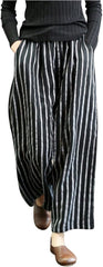Women Striped Palazzo Pants Casual Cotton Linen Pant High Waist Flowy Cropped Trousers Travel Vacation Outfits