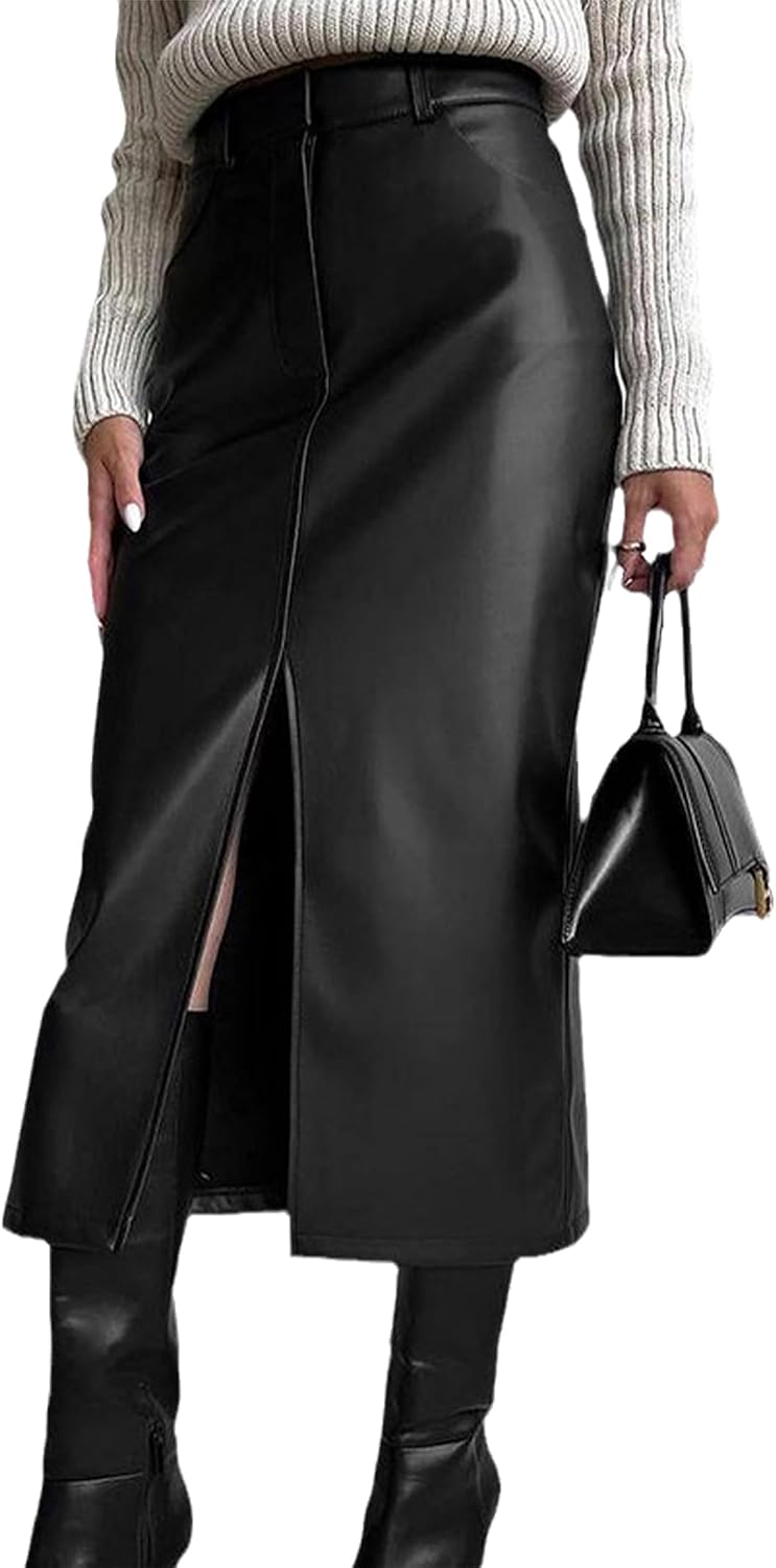 Women's High Waisted Faux Leather Skirt Sexy Bodycon Front Split Pencil Slim Fit Midi Long Skirts