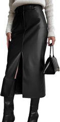 Women's High Waisted Faux Leather Skirt Sexy Bodycon Front Split Pencil Slim Fit Midi Long Skirts