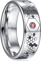 8mm Men‘s Rings Tungsten Rings for Men Silver Wedding Bands with Red Zircon Printed Organic Molecular Pattern Promise Rings Couple Rings Comfort Fit Size 7-12
