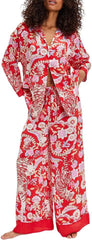 Women Satin Pajamas Set 2 Piece Western Cowgirl Silk Pjs Long Sleeve Floral Pjs Wide Leg Pants Button Down Loungewear
