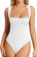 MANGOPOP Women's Square Neck Tank Top Bodysuit Sexy Double Lined Sleeveless Thong Body Suits Going Out Tops