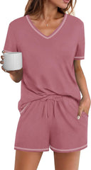 Ekouaer Womens Pajamas Sets Soft 95% Cotton Pjs Short Sleeve Lounge Sets Casual Two Piece Pjs With Pockets