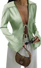 Cicy Bell Womens Sexy Tie Front Shirts Deep V Neck Silk Club Tops Long Sleeve Y2k Going Out Blouse