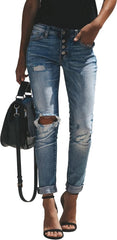 KUNMI Women's Ripped Mid Waisted Boyfriend Jeans Loose Fit Distressed Stretchy Denim Pants