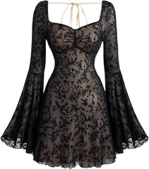 WDIRARA Women's Floral Jacquard Mesh Gothic Dress Bell Long Sleeve A Line Vintage Dresses