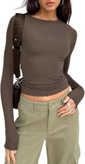 Long Sleeve Shirts for Women - Casual Y2K Printing Crop Tops Crewneck Slim Fit T-Shirt Tees