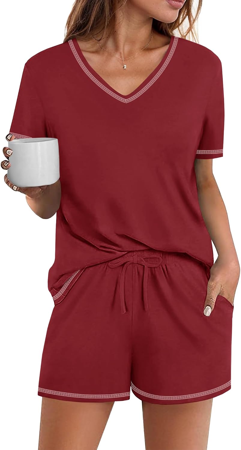 Ekouaer Womens Pajamas Sets Soft 95% Cotton Pjs Short Sleeve Lounge Sets Casual Two Piece Pjs With Pockets