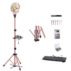 Klvied Reinforced Wig Stand Tripod Mannequin Head Stand, Adjustable Holder for Cosmetology Hairdressing Training with T-with Caps, T-Pins, Comb, Hair Clip, Carrying Bag