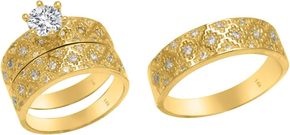 Trio Rings Set 14k Yellow Gold- 3-Piece Wedding Engagement Rings Band for Her and Him - Round Cubic Zirconia CZ for Couple Mens and Women - Anillos de Matrimonio.