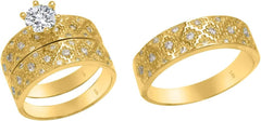 Trio Rings Set 14k Yellow Gold- 3-Piece Wedding Engagement Rings Band for Her and Him - Round Cubic Zirconia CZ for Couple Mens and Women - Anillos de Matrimonio.
