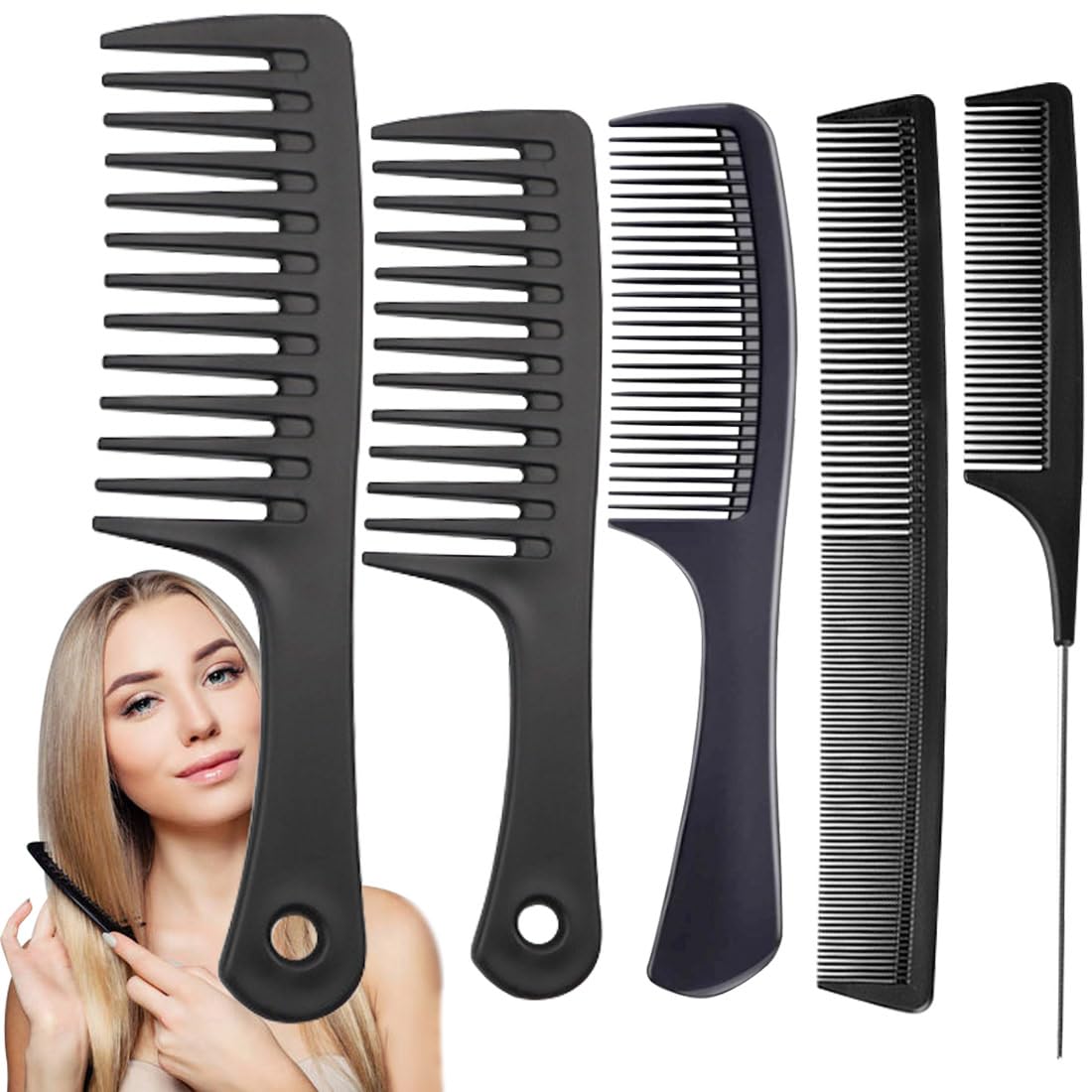 Hair Combs for Women Men, Large Wide Tooth Comb, Fine Tooth, Rat Tail Comb, Comb Set for Wet Curly Thick Thin Hair Styling Detangling (6 PCS)