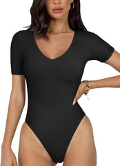 REORIA 2025 New Short Sleeve Women's Bodysuits V Neck Seamless Going Out Basic Thong Bodysuit tshirt bodysuit
