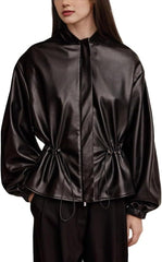 CHARTOU Women Faux Leather Jacket Fall 2025 Outfits Drawstring Waist Zip Up Ruffle Hem Outwear Coat