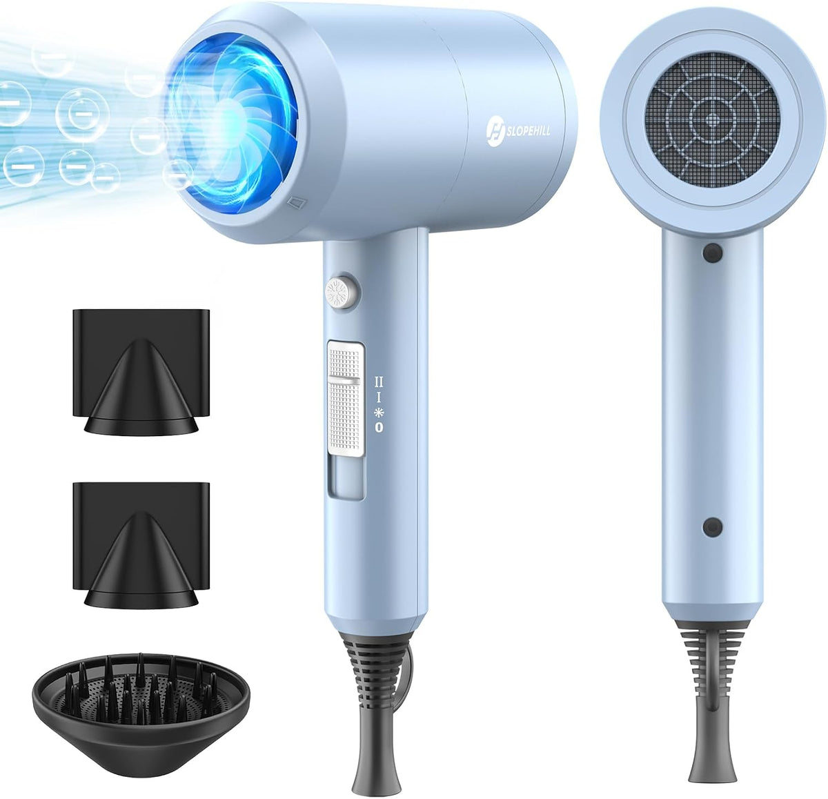 slopehill Professional Ionic Hair Dryer, Powerful 1800W Fast Drying Low Noise Blow Dryer with 2 Concentrator Nozzle 1 Diffuser Attachments for Home Salon Travel