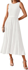 BTFBM Women Midi Bodycon Tank Dress Summer Crewneck Sleeveless Pleated A Line Business Casual Knit Sweater Fall Dresses