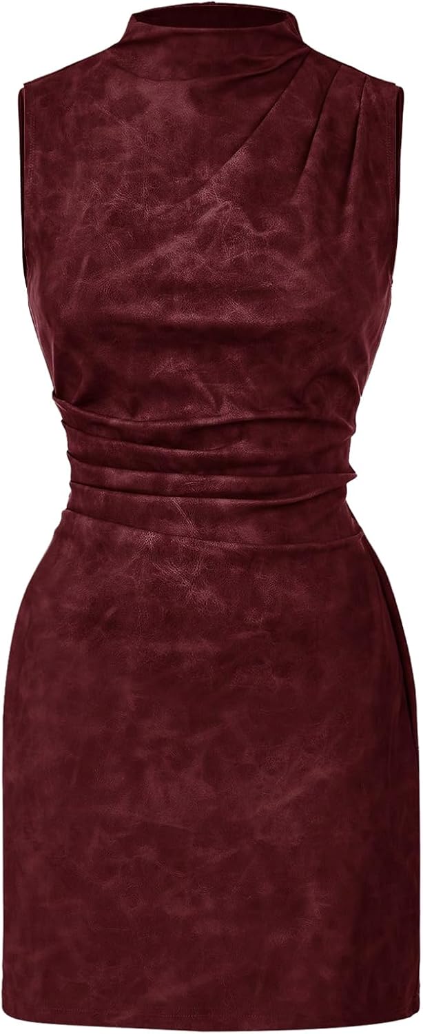 Women's PU Leather Ruched Bodycon Dresses Mock Neck Sleeveless Zipper Mini Tank Dress