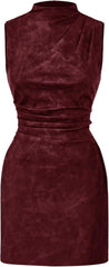 Women's PU Leather Ruched Bodycon Dresses Mock Neck Sleeveless Zipper Mini Tank Dress