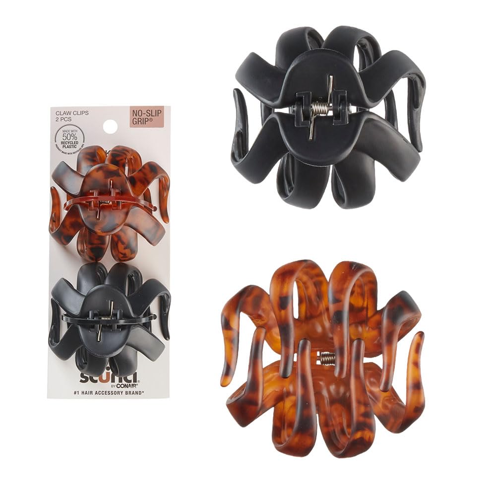 Scunci by Conair jaw claw clips - hair accessories for women - claw clips for thick hair - claw clip - Black & Tortoise- 2 Count
