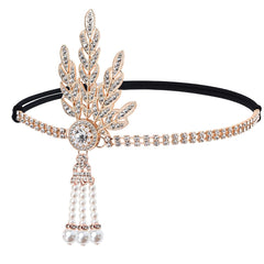 GORTIN 1920's Flapper Headband Leaf Rhiestones Headpiece Bride Wedding Headdress Bridal Flapper Hair Accessories Head Chain for Women(Gold)