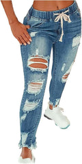 Distressed Jeans for Women Skinny Straight Leg Elastic Waist Denim Pants Y2k Stretchy Curvy Ripped Jeans with Pockets