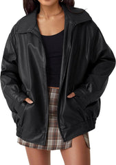 Faux Leather Jacket for Women Oversized Lapel Long Sleeve Jackets Zip Up Bomber Coats Fashion Motorcycle Coats