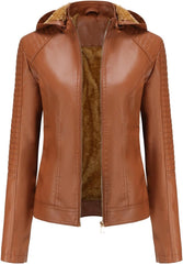 Women's Winter Warm Sherpa Lined Faux Leather Cropped Coat with Detachable Sherpa Hood