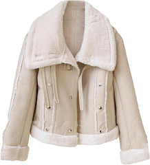Women Vintage Loose Thicken Warm Faux Leather Jacket Winter Spliced Single Breasted Fur Outwear