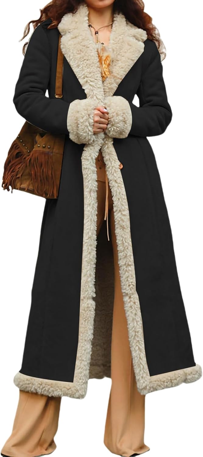 Ladies Cozy Winter Teddy Bear Long Coats for Women Faux Suede Leather Shearing Jacket Fuzzy Sherpa Lined Trench Coat