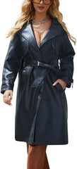 utcoco Womens Faux Leather Long Trench Coat Notched Lapel Single Breasted PU Blazer Coats Overcoat with Belt