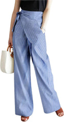 Women's Striped Pants Wrap Belt Pinstripe Suit Pants Wide Leg Business Dress Trousers with Pockets