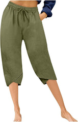 Women's Cotton Linen Drawstring Pant Petal Hem Straight Tube Sweatpant High Elastic Solid Trouser Side Pocket Pants
