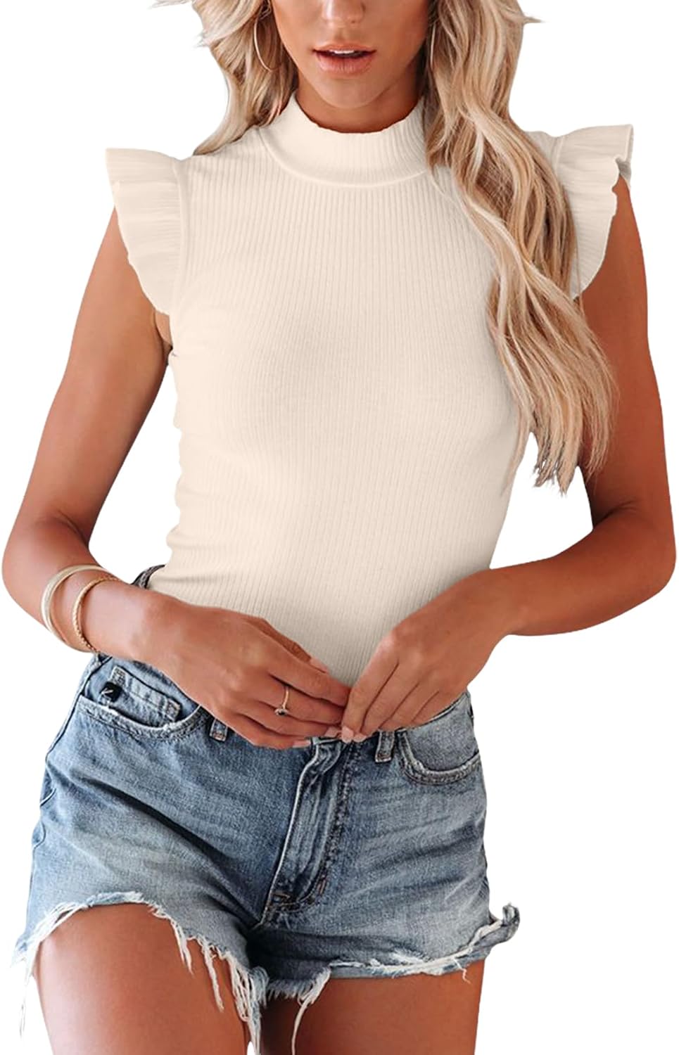 Allimy Womens Casual Summer High Mock Neck Ruffled Sleeve Ribbed Tanks Tops Slim Fit Blouse Shirts
