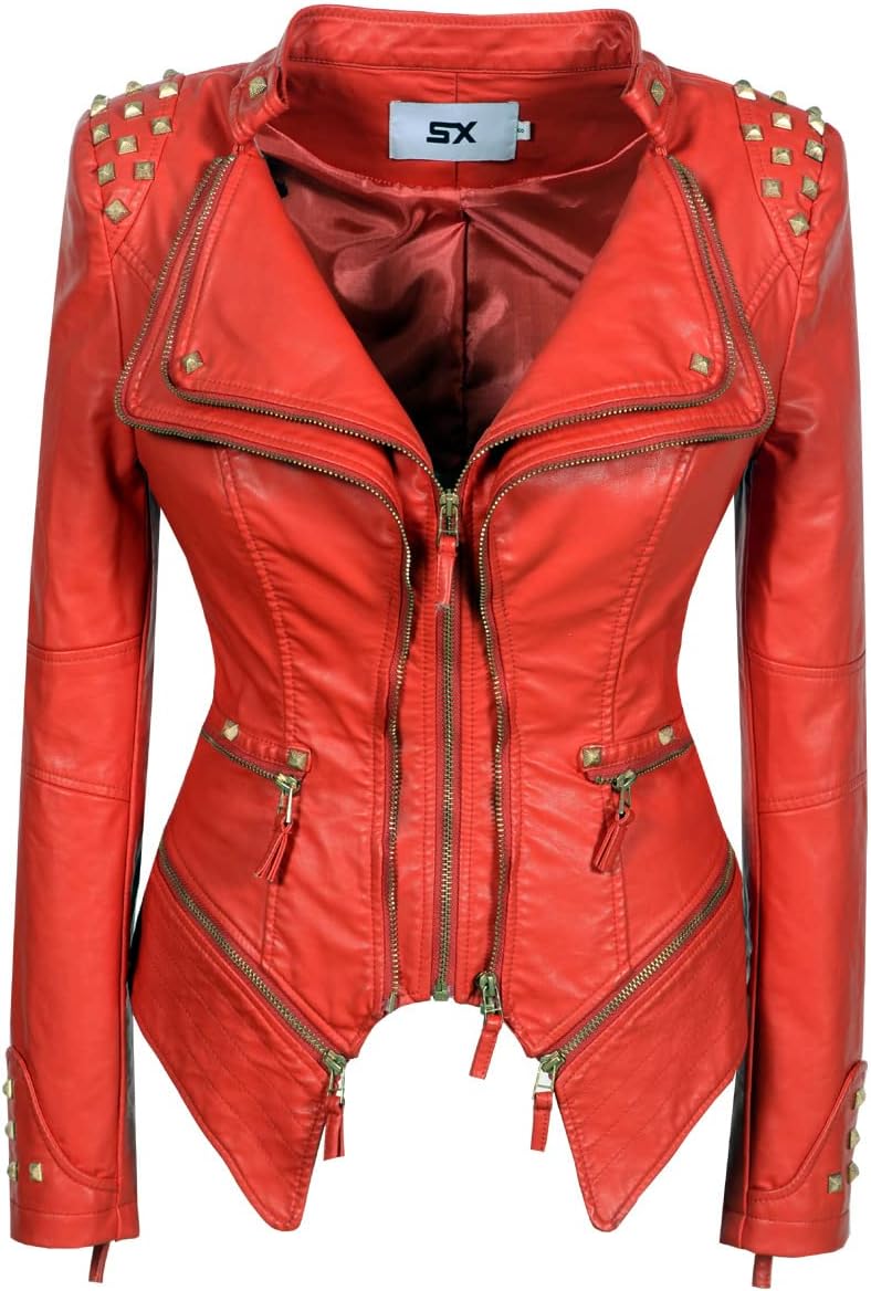 SXHEYUY Women Fashion Leather Coat Snake Print Moto PU Biker Jacket