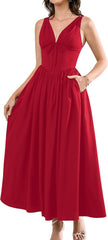 GLNEGE Women's Summer Corset Midi Milkmaid Dress Casual V Neck Flowy A Line Sundress Wedding Guest Dresses with Pockets 2025