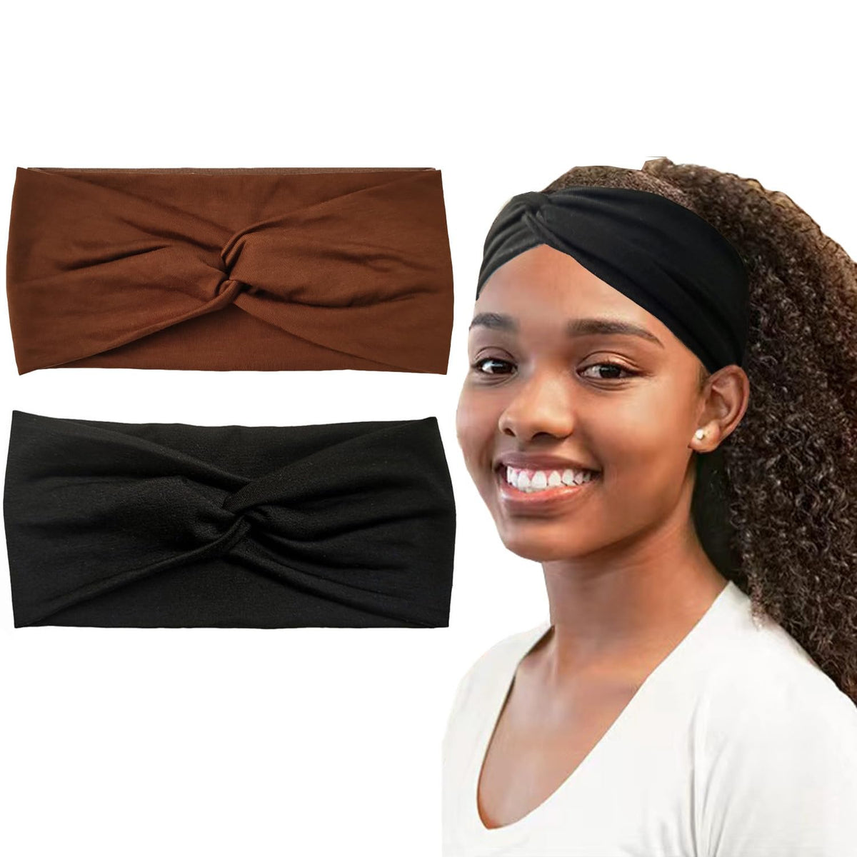 Hjiaruiky 2Pcs Turban Headbands for Women Boho Stretchy Fashion Headbands Fabric Twist Knotted Cloth Cute Thick Headband Head Wraps for Womens Girls Black Leopard
